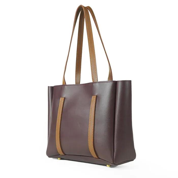 Girls PU Leather PlainTote Bag DARK BROWN