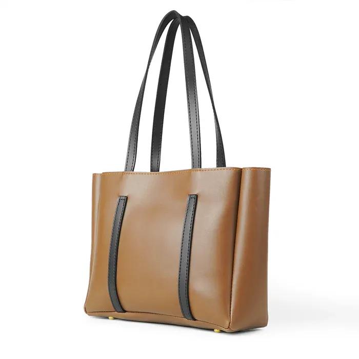 Girls PU Leather PlainTote Bag BROWN